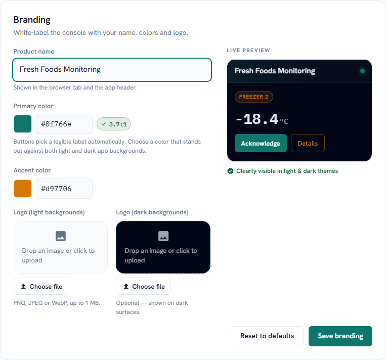 Branding controls and an unsaved Fresh Foods Monitoring preview