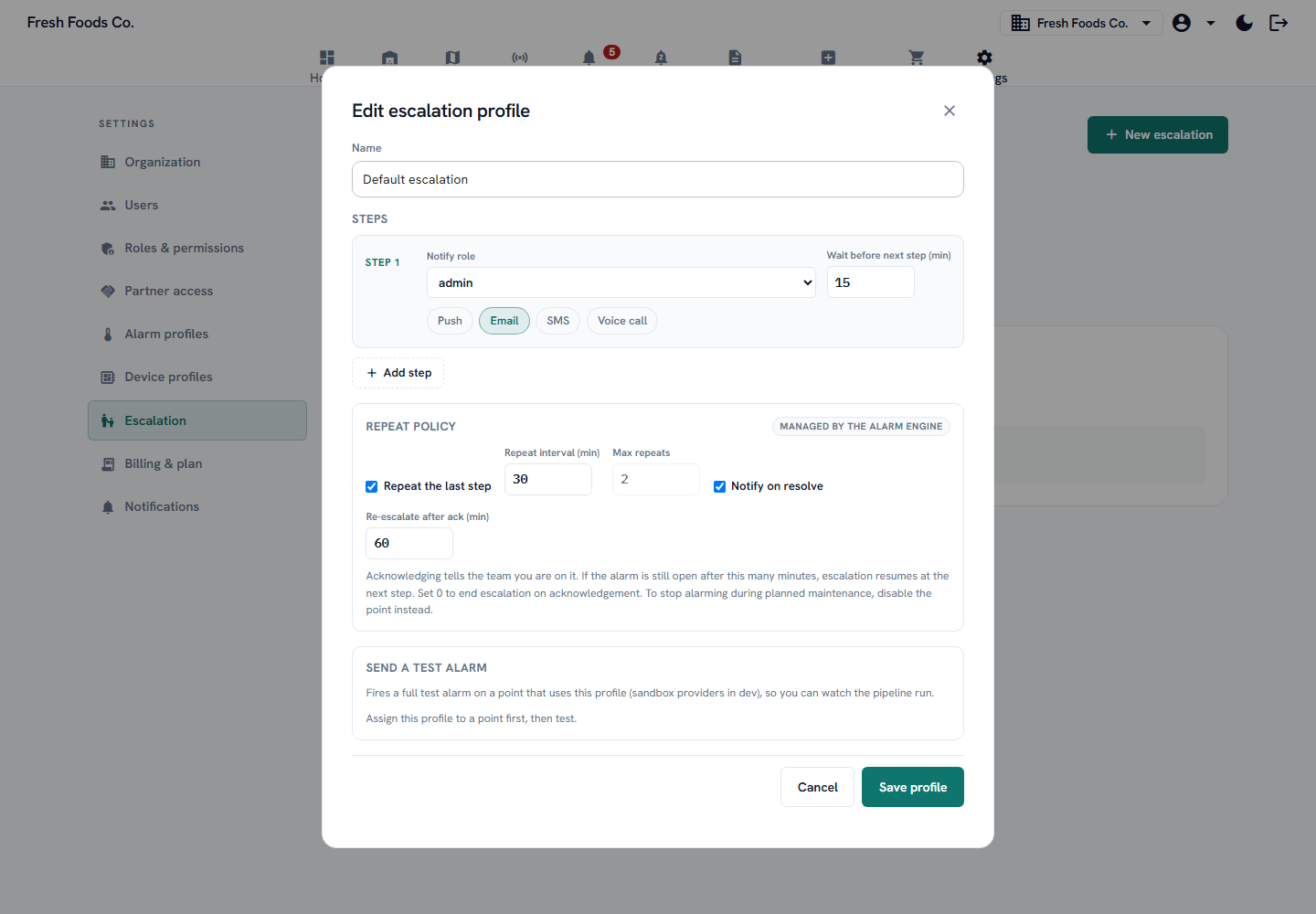 An alarm escalation chain in the monitoring dashboard