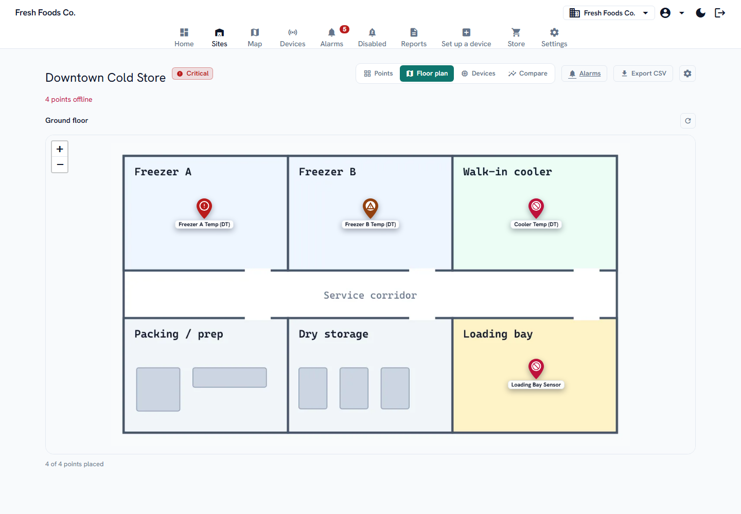 Cold-store floor plan with monitoring points and alarm status