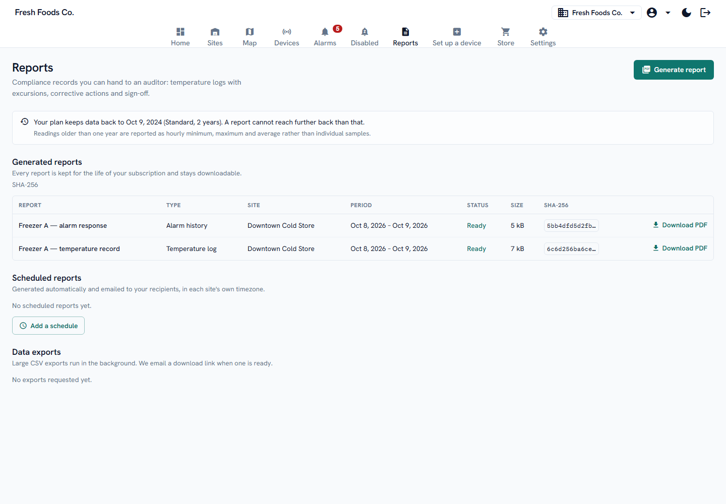 Temperature and alarm-history reports in the demo workspace